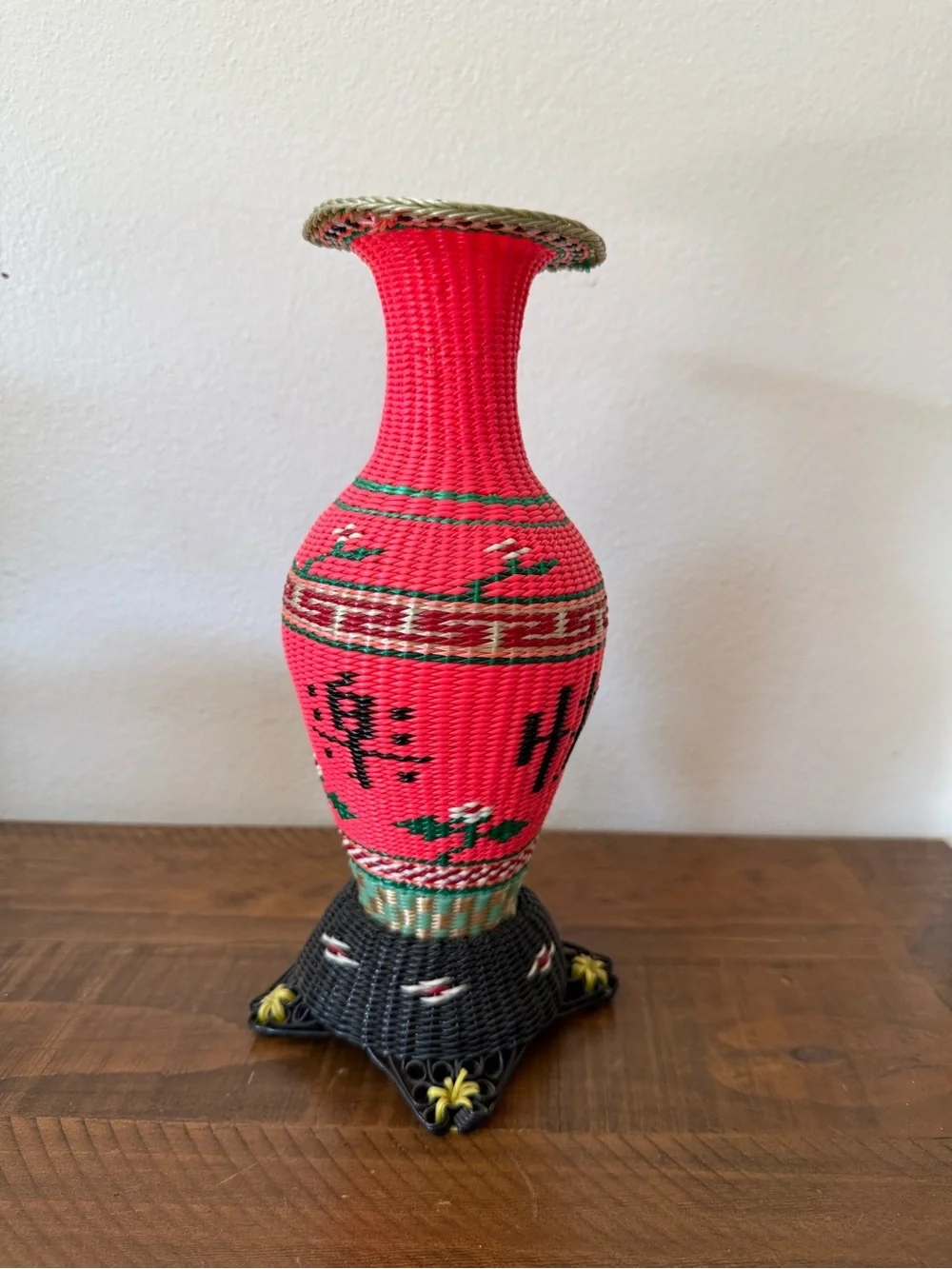 Vintage 1960s Chinese Scoubidou Woven Plastic Covered Glass Vase Bird 10” Kitsch